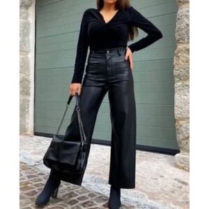 Zara Black High-Rise Faux Leather Cropped Wide-Leg Pants